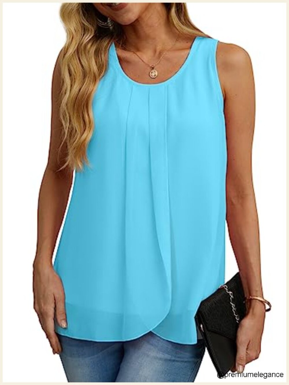 Women's Sleeveless Chiffon Double Layer Tank Top Loose Fit Round Neck Blouse